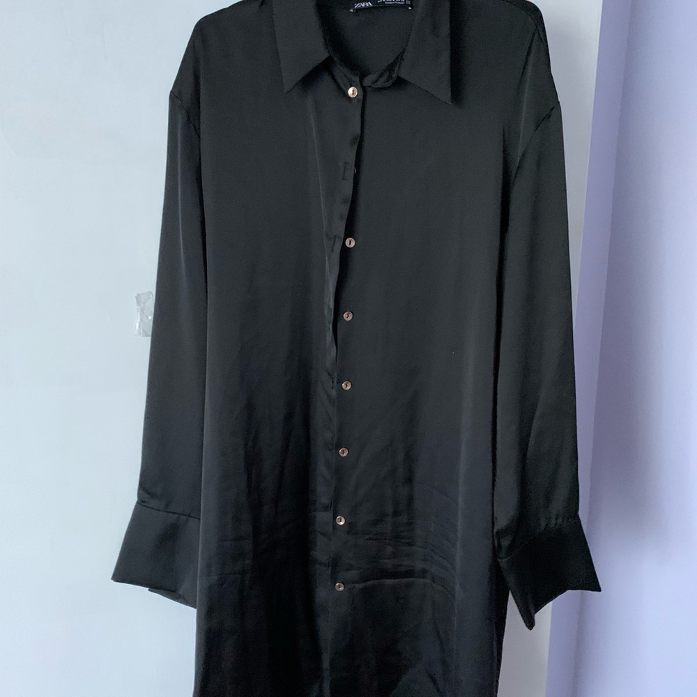 Zara black long sleeve silk like material. Button down. Very versatile!
